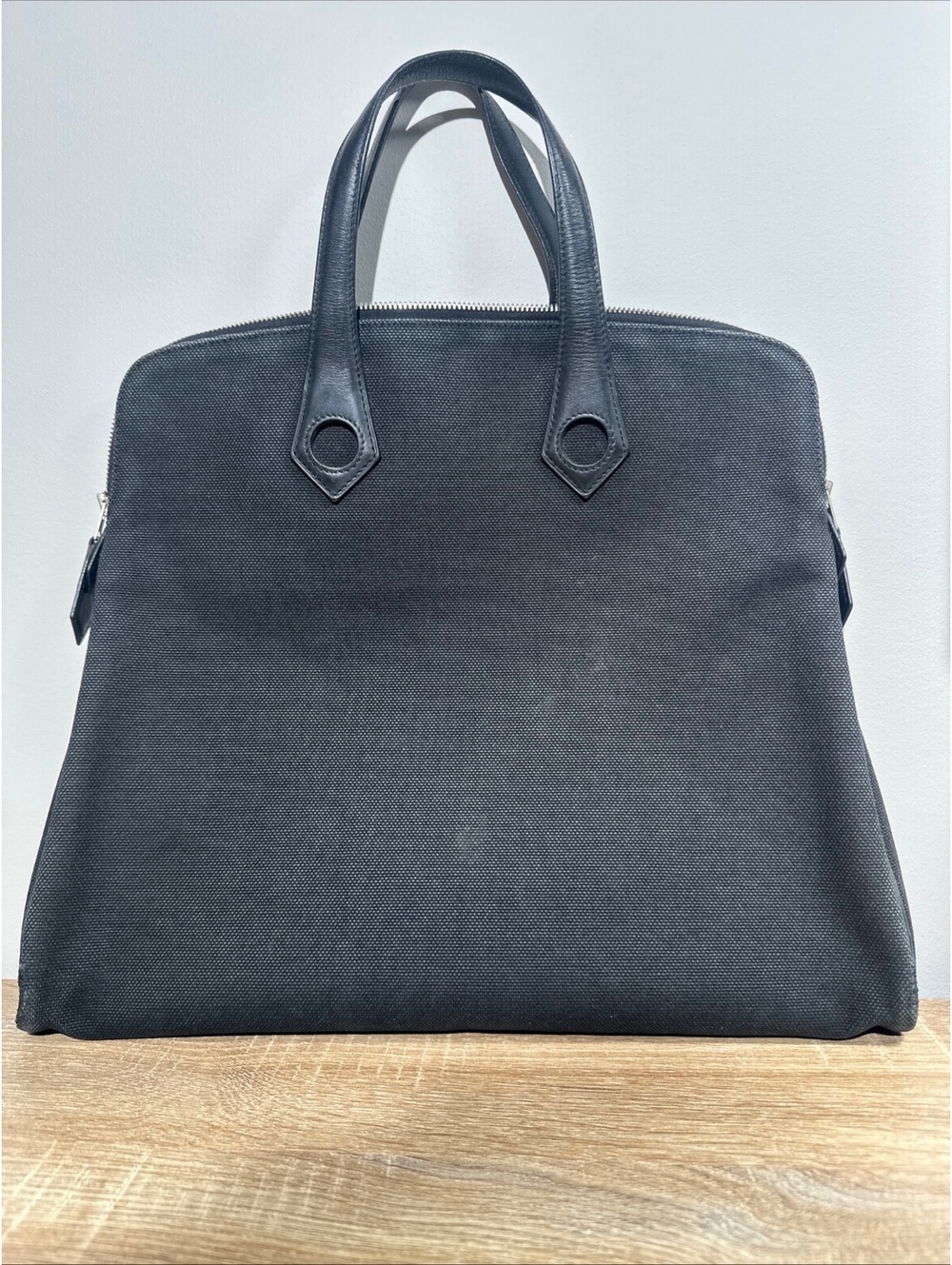 Hermes Saquibou Black Toile Canvas Leather Zip Tote Bag 2006 Square J Authentic